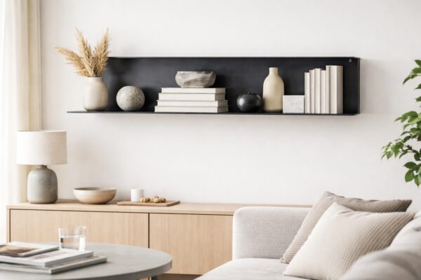 ohnzimmer mit Wandregal aus gezundertem Schwarzstahl als ruhiger Akzent.