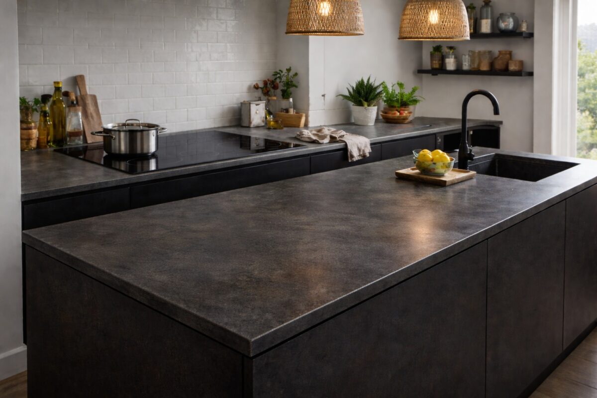 In einer modernen Küche zeigt sich eine Arbeitsplatte aus gezundertem Schwarzblech mit markanter Patina.
