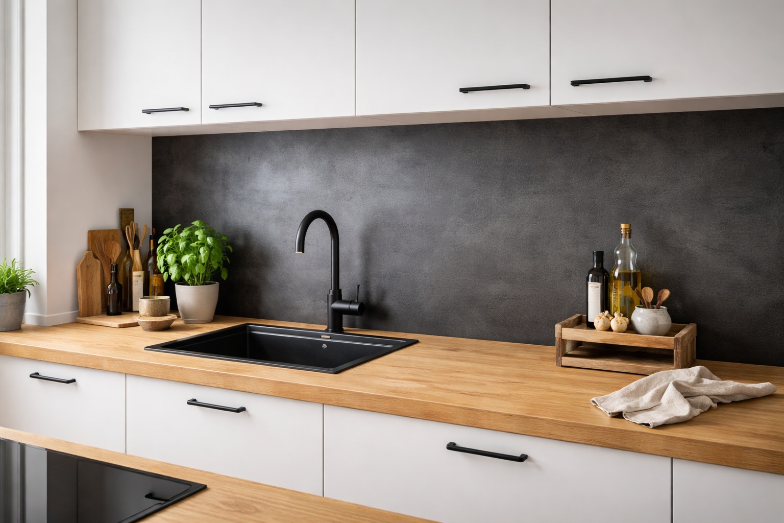 Eine gezunderte Stahlrückwand mit sichtbarer Patina ist hinter einer Spüle in einer hellen Küchenzeile installiert.