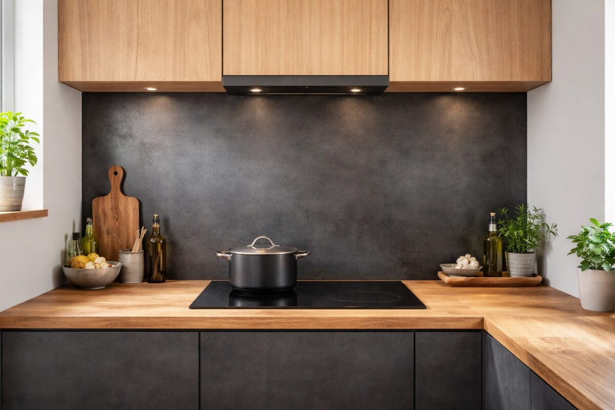 Eine gezunderte Stahlrückwand befindet sich hinter einem Kochfeld in einer modernen Küche mit Holzarbeitsplatte.