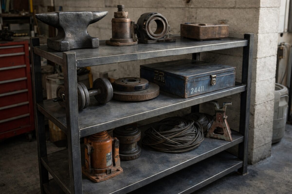 Ein Regal aus gezundertem Stahl trägt schwere Gegenstände in einer Werkstatt.