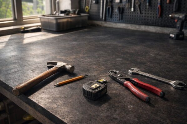 Eine Werkbank aus gezundertem Stahlblech steht in einer Werkstatt mit Werkzeugen.