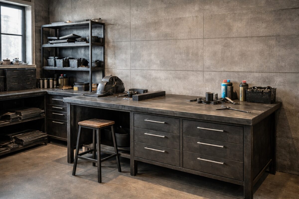 Eine Werkstatt mit gezundertem Stahlblech wirkt funktional und industriell.