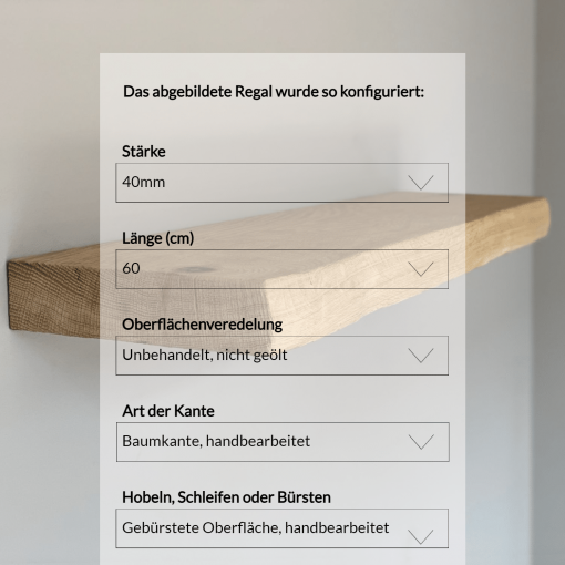 Wandregal mit Baumkante, gebürsteter Oberfläche, ungeölt, 4x20x60