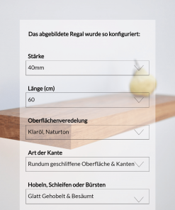 Wandregal mit gerader Kante, geschliffene Oberfläche, Klaröl, 4x20x60