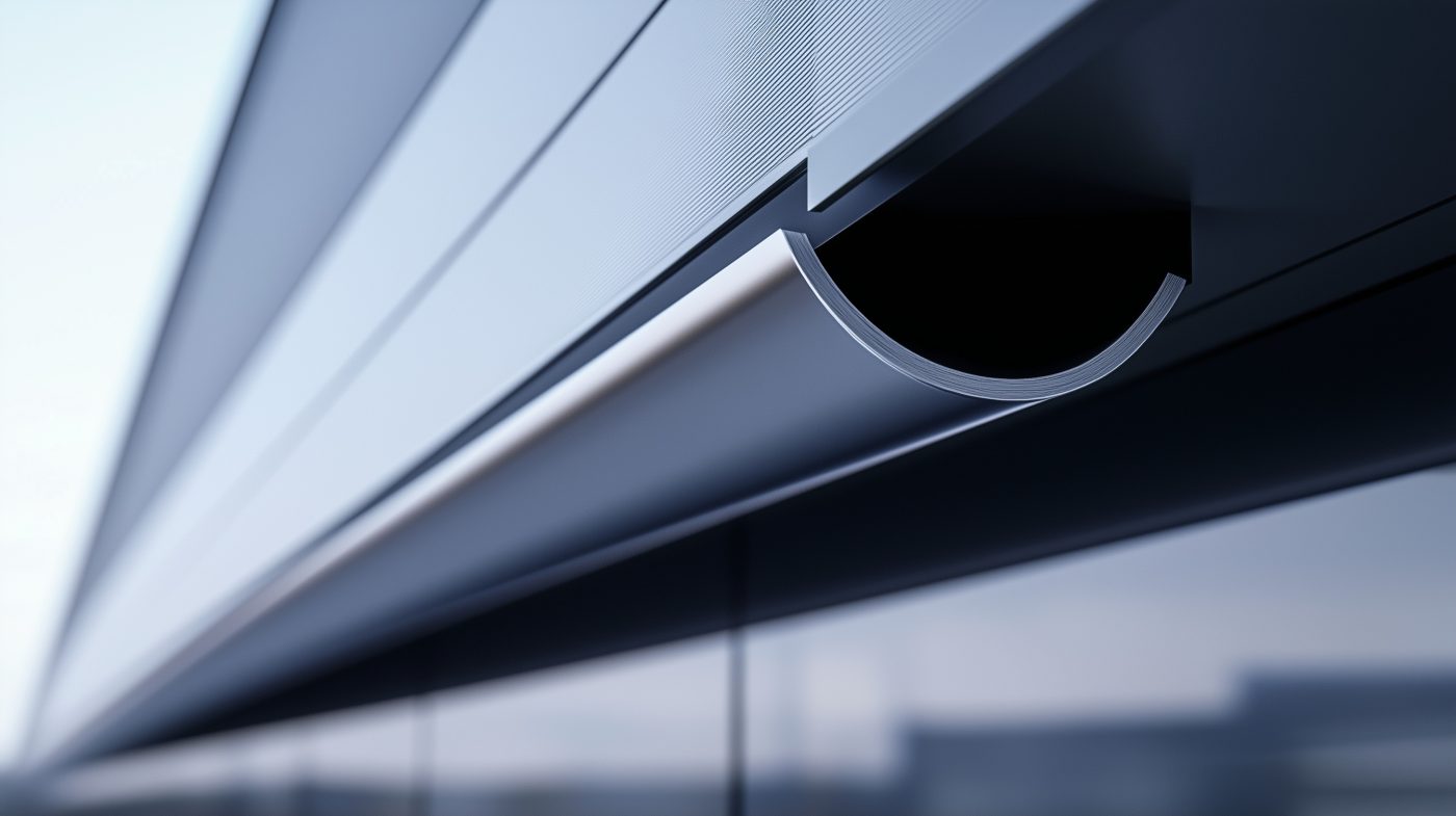 Nahaufnahme einer präzise gebogenen Dachrinne aus Metall an einem Haus