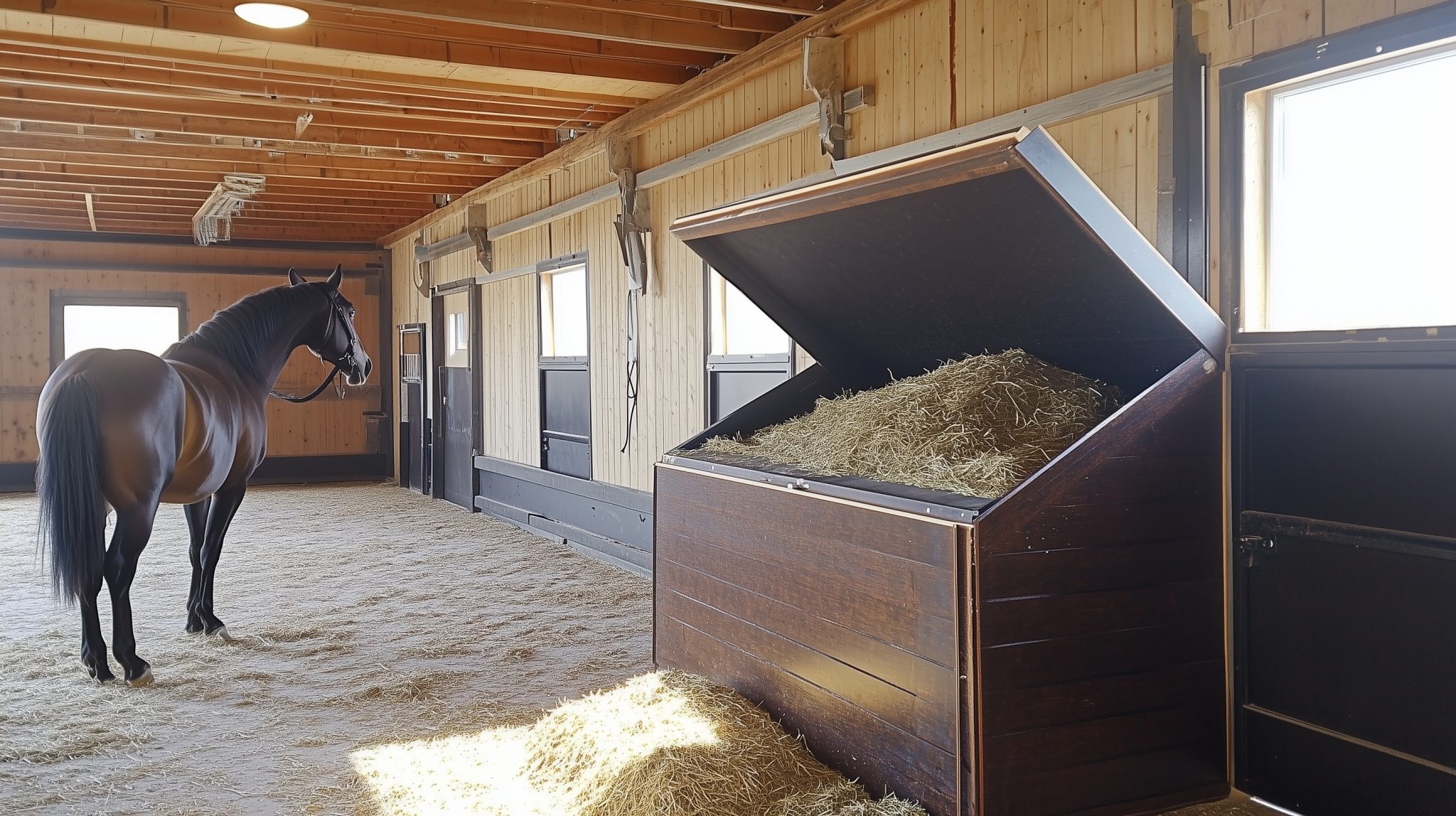 Futterbox aus Siebdruckplatte im hellen Stallgang mit Pferd