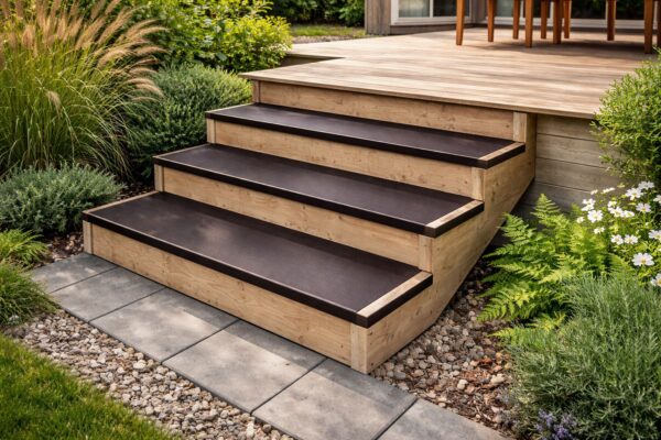 Eine Gartentreppe besitzt rutschfeste Stufen aus Siebdruckplatten.