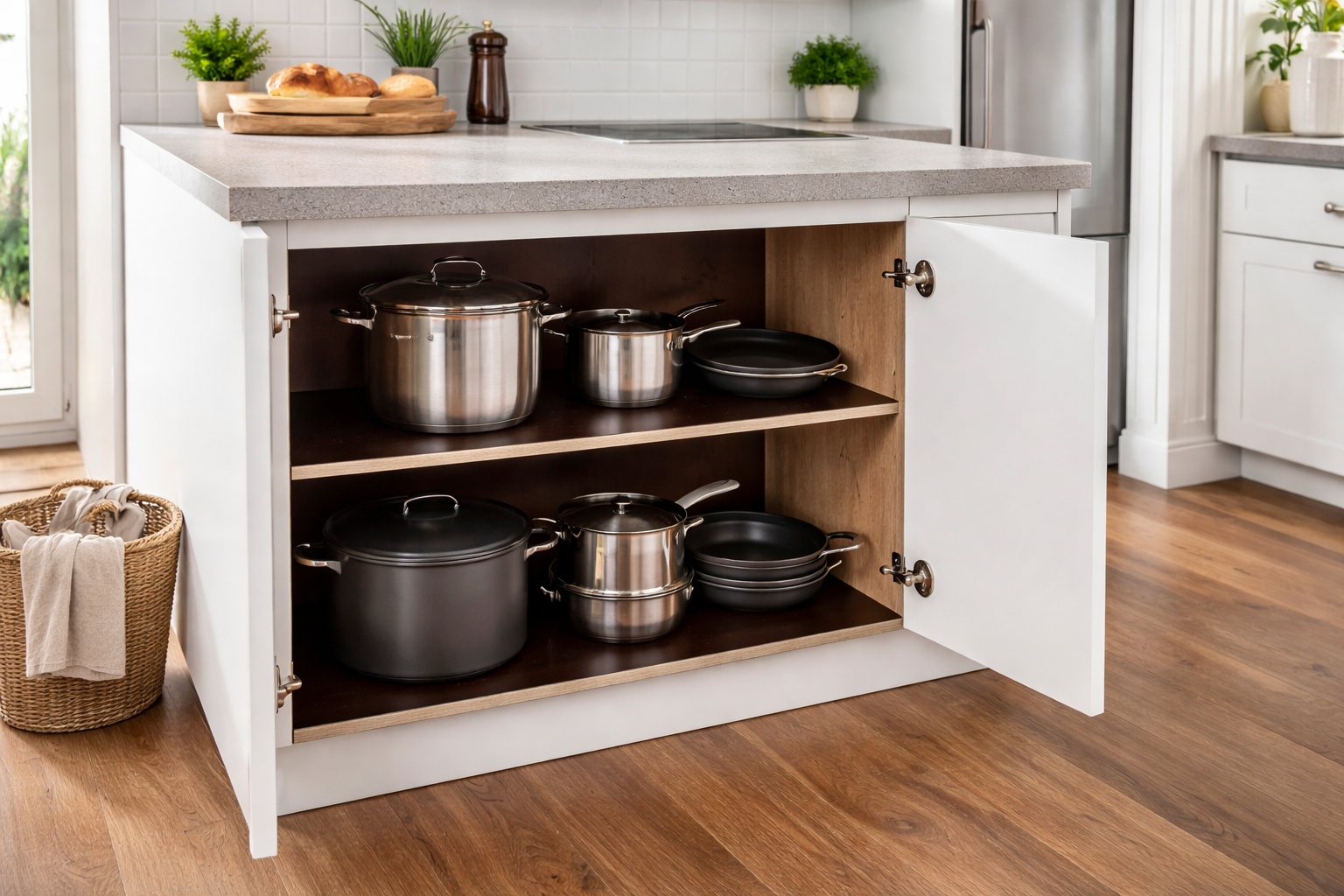 Ein Küchenschrank besitzt stabile Innenböden aus Siebdruckplatten.