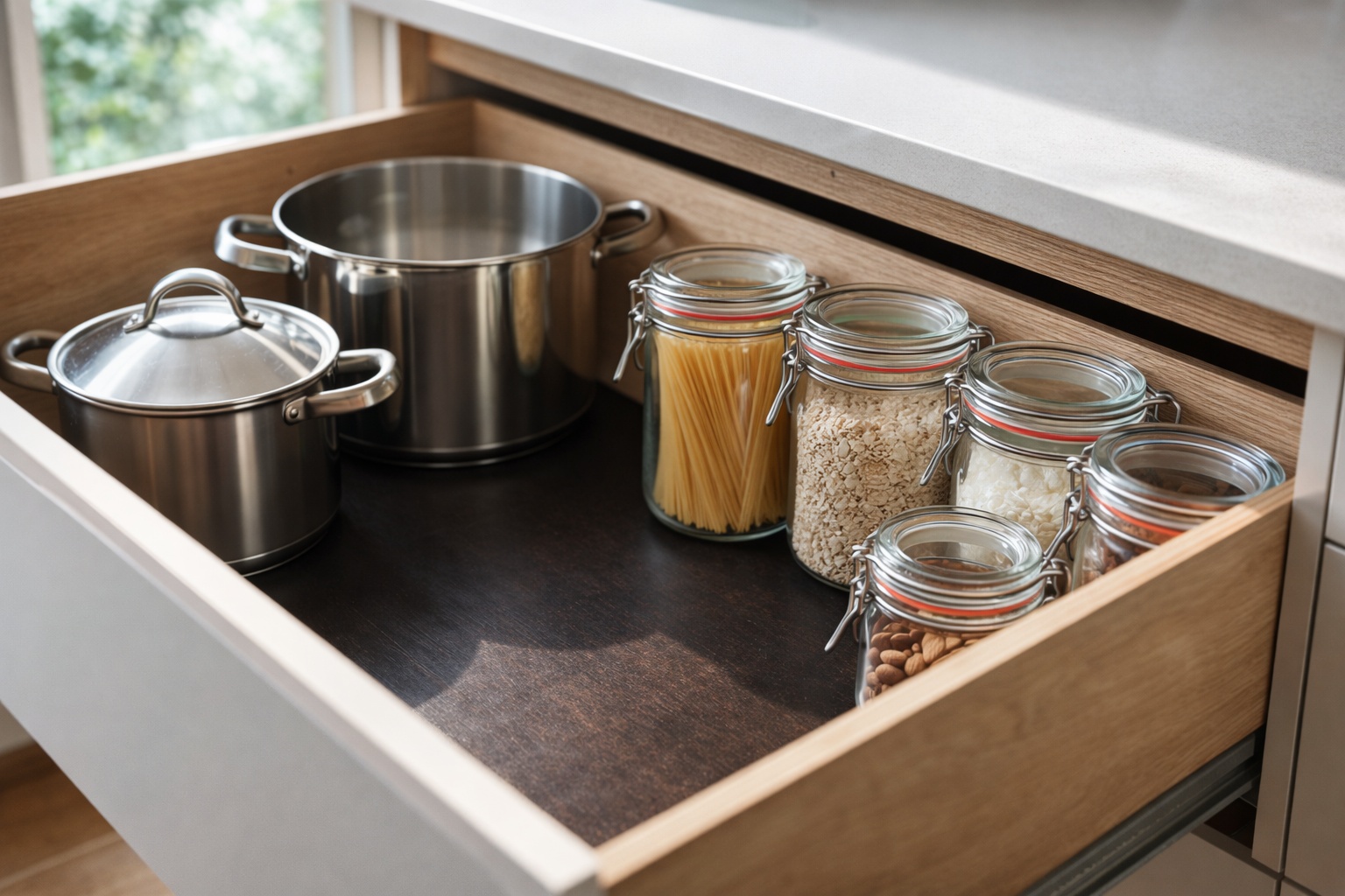 Eine Küchenschublade besitzt einen stabilen Boden aus Siebdruckplatte.