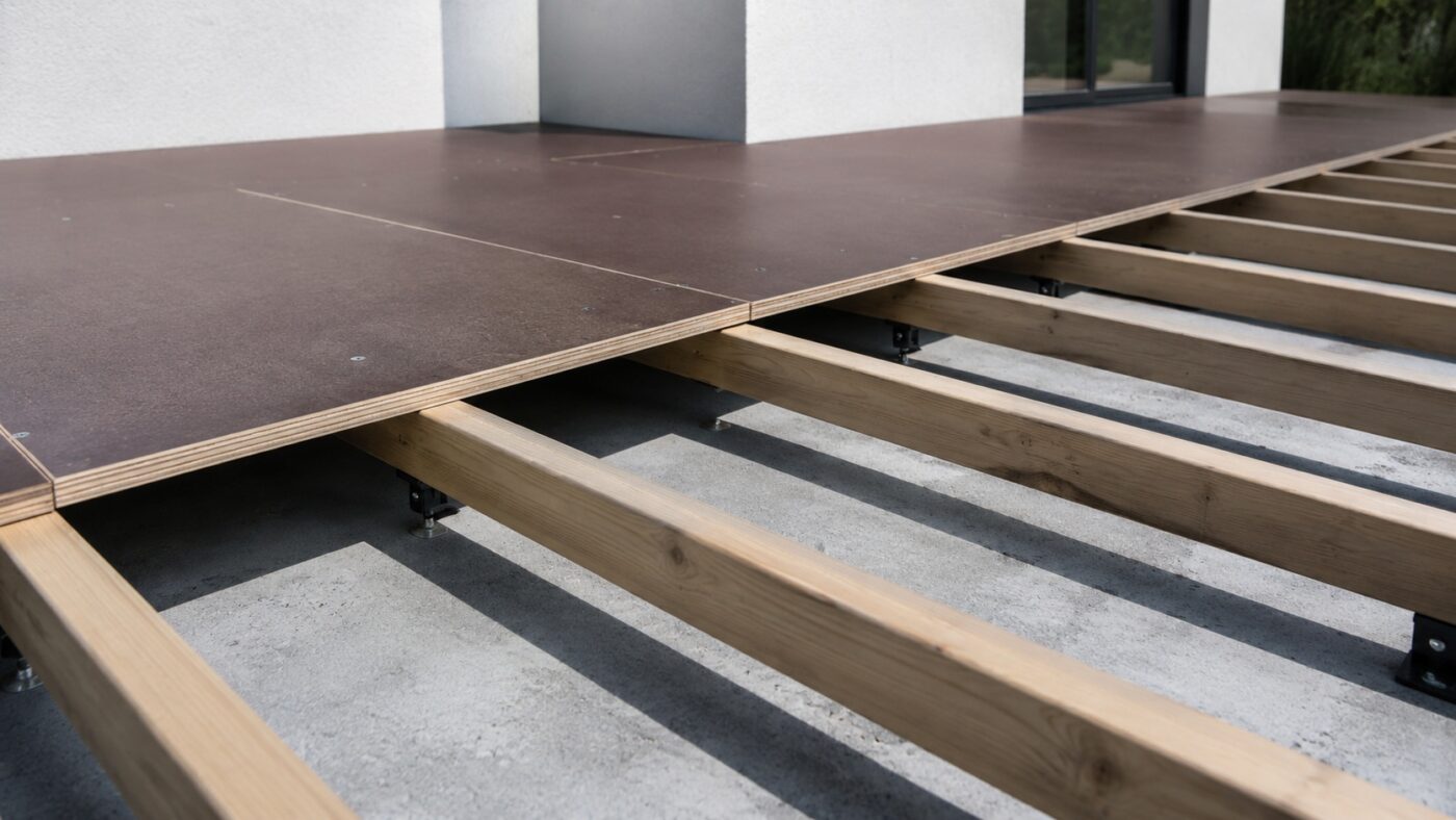 Eine Unterkonstruktion aus Siebdruckplatten trägt Holzbalken stabil und wetterfest.