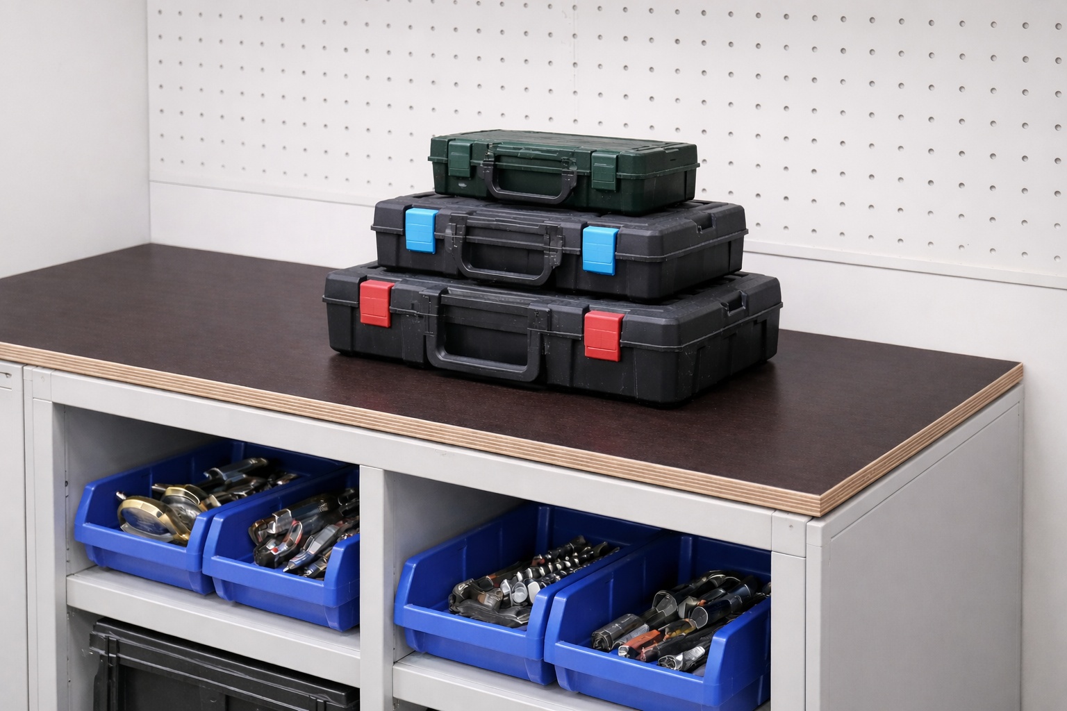 Eine Werkbank nutzt eine Siebdruckplatte als stabilen Untergrund.