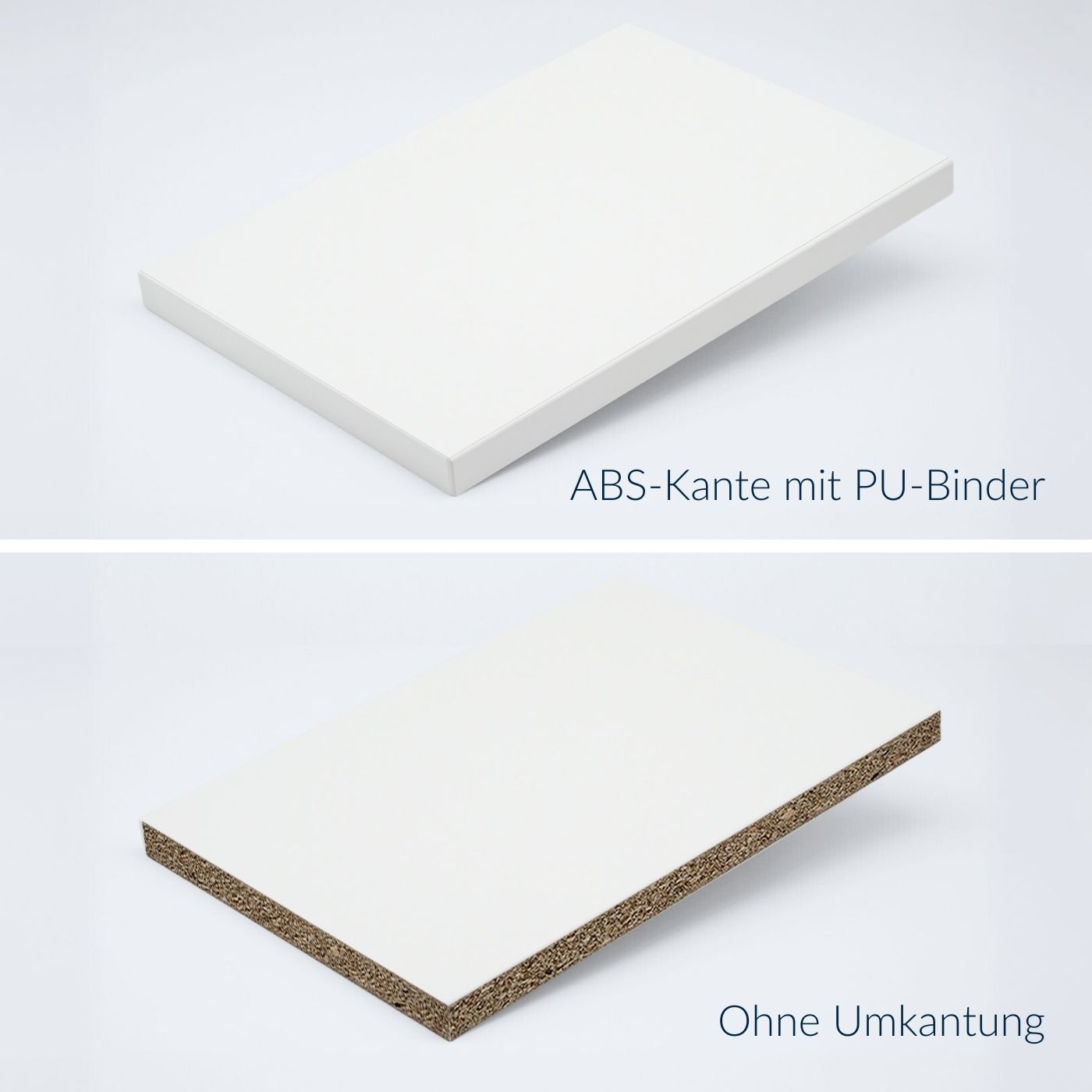 Vergleich von Smart+ Dekorplatten mit ABS-Kante und ohne Umkantung, Detailansicht der Kantenstruktur.