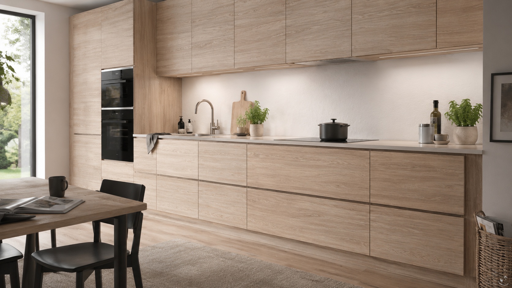 Küchenfronten aus hellem Holzdekor wirken modern und wohnlich.