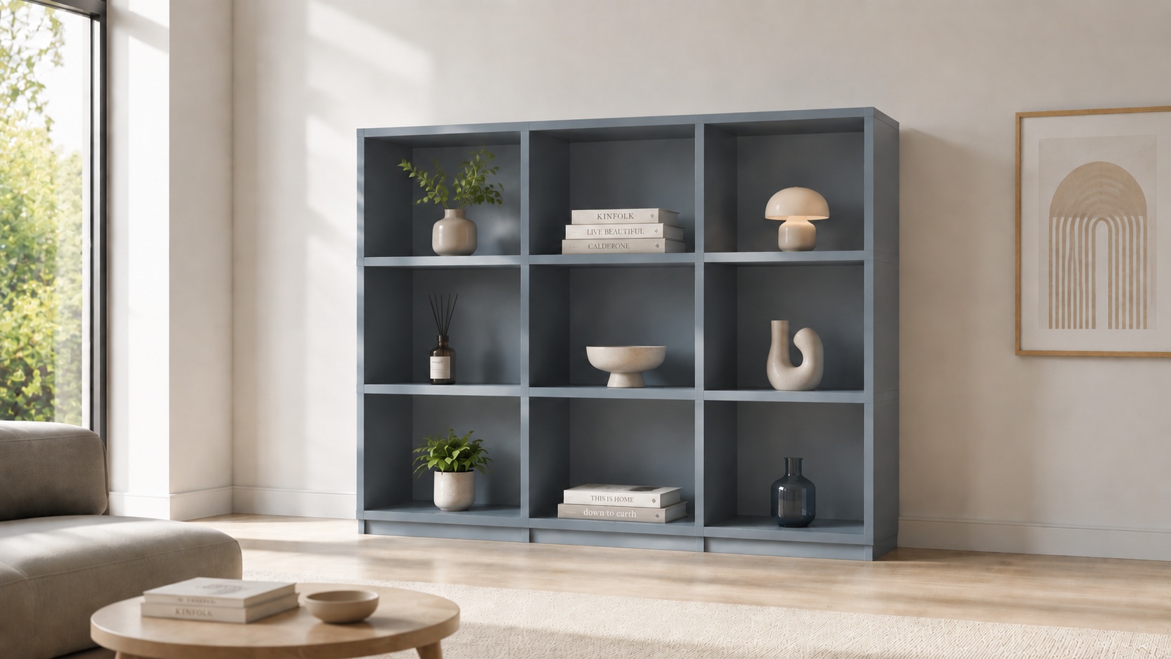 Ein offenes Regal aus Dekorplatten steht im modernen Wohnzimmer.