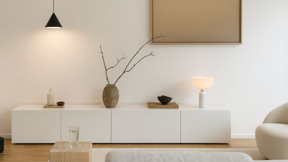 Minimalistisches Wohnzimmer mit Sideboard aus weißem Smart+ Dekor und stilvoller Dekoration.