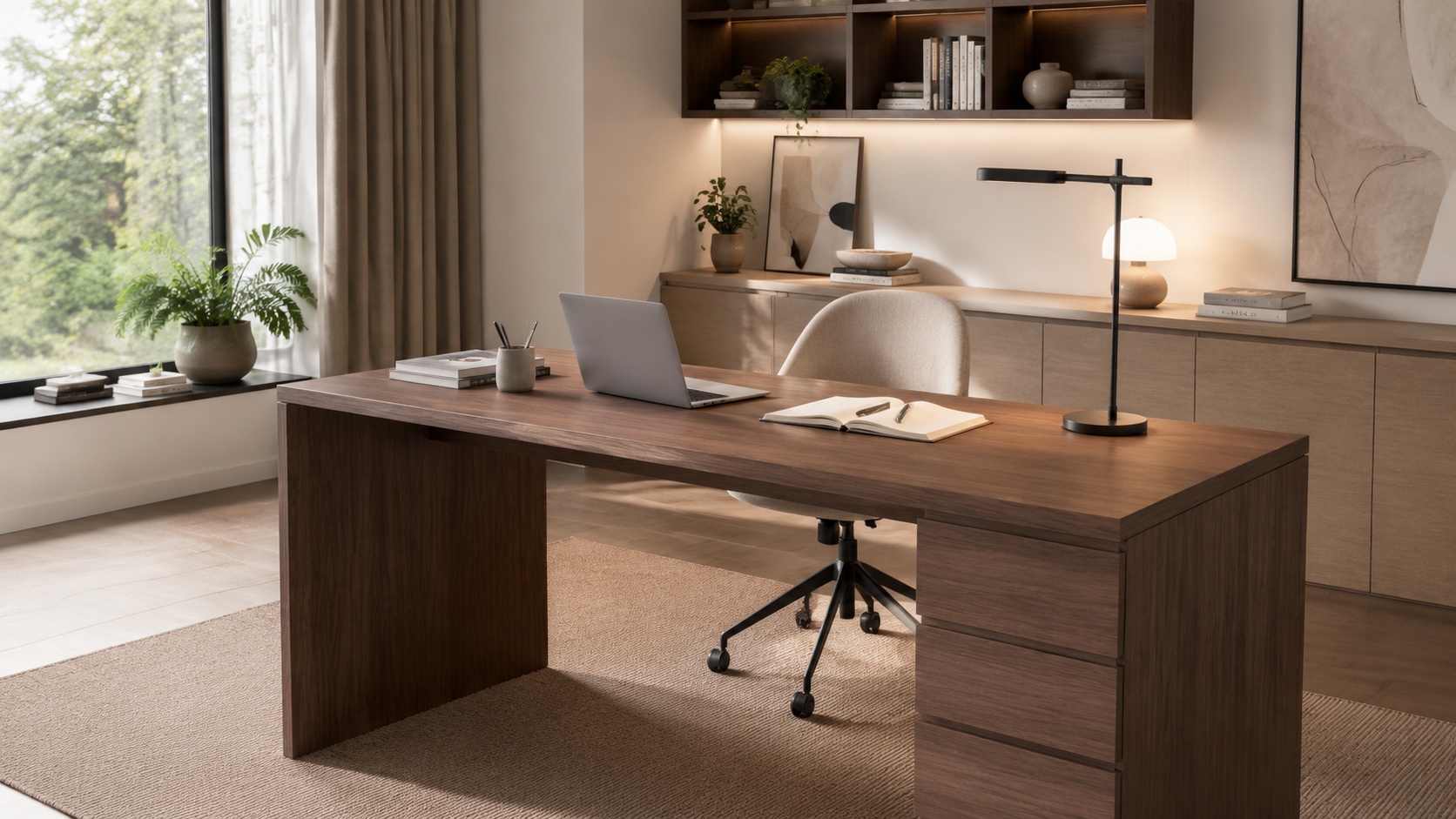 Ein Schreibtisch mit Smart+ Dekorplatten steht in einem modernen Homeoffice.