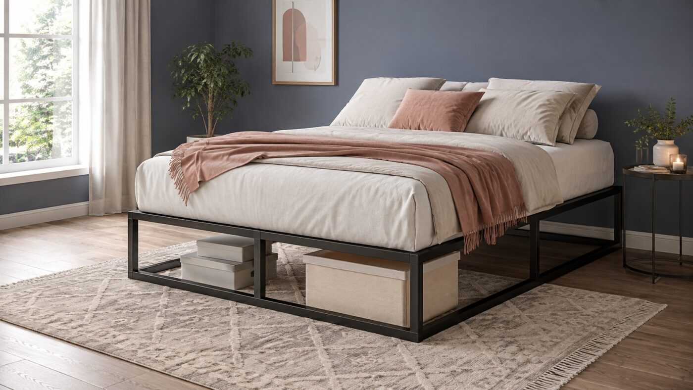 Schwarzes Quadratrohr-Bettgestell mit heller Bettwäsche, rosafarbener Decke, Pflanzen und Teppich im Schlafzimmer.