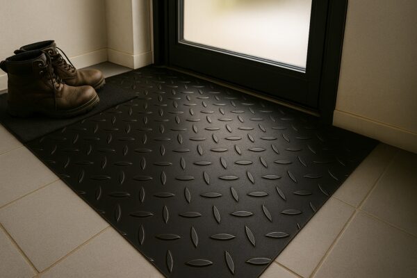 Schwarzes Stahl-Riffelblech als Bodenplatte mit Schuhen im Eingangsbereich.