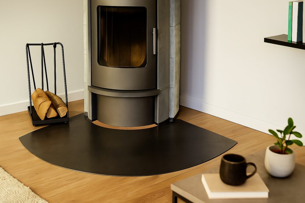 Runde Funkenschutzplatte aus Stahlblech vor Kaminofen auf Holzfußboden.