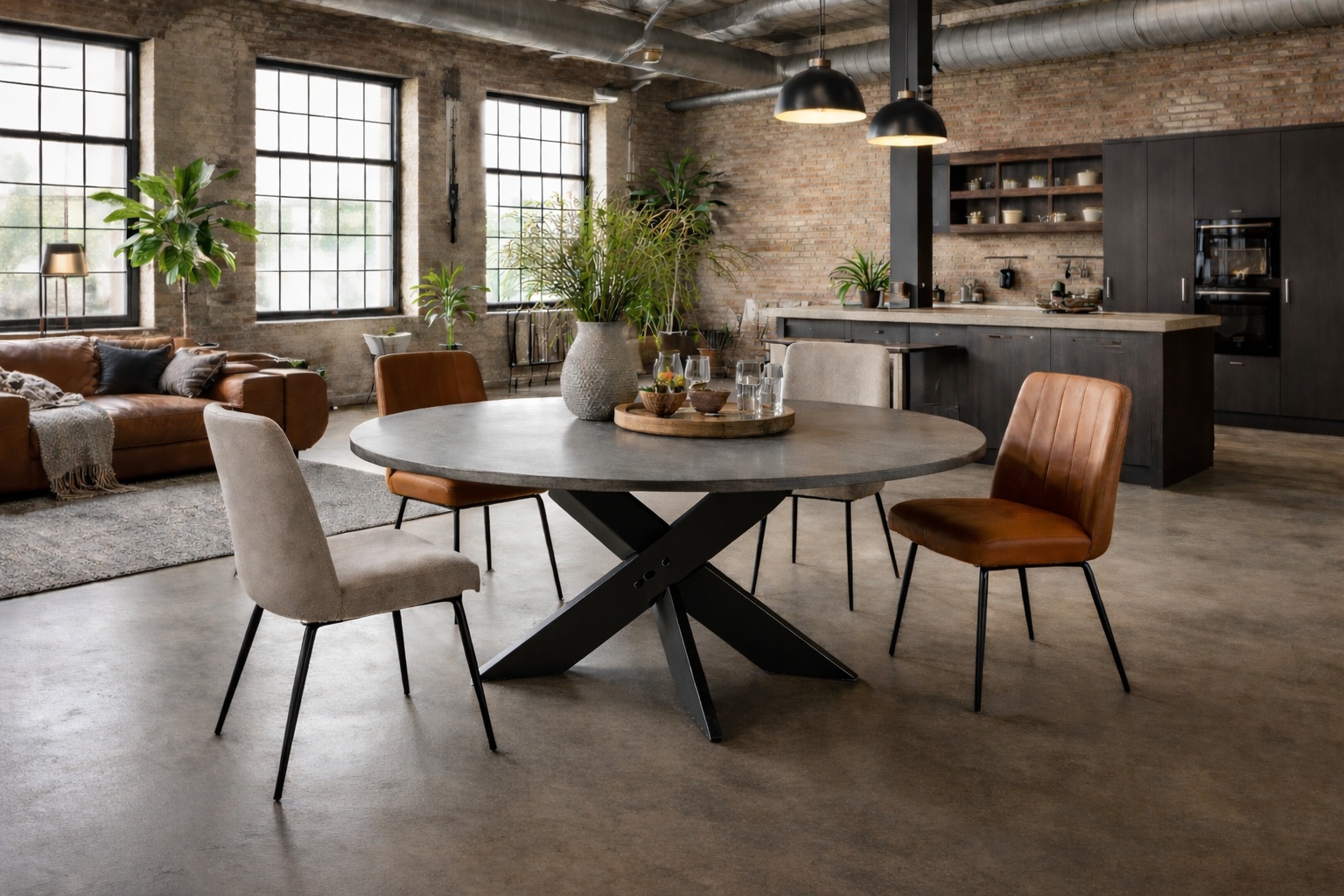 Ein Tisch mit runder Stahlunterseite steht in einem offenen Loft-Raum.