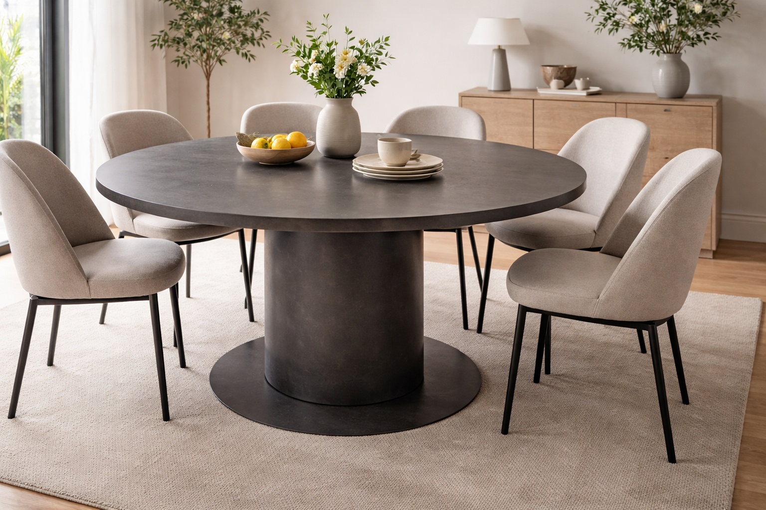 Ein Esstisch steht auf einer runden Unterseite aus entzundertem Stahl im Wohnbereich.