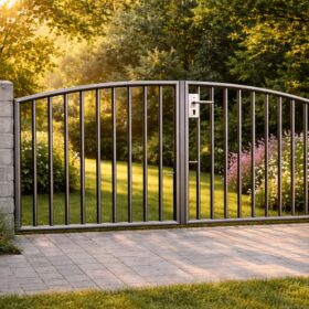 Ein Gartentor aus Rundrohr Stahl ist zwischen gemauerten Pfeilern montiert.