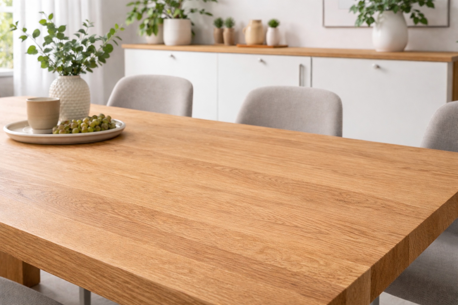 Esstisch aus massivem Eichenholz mit ruhiger Maserung im Esszimmer.