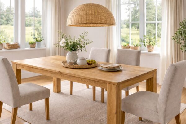 Massiver Eichenholztisch in ländlicher Wohnumgebung mit Tageslicht.