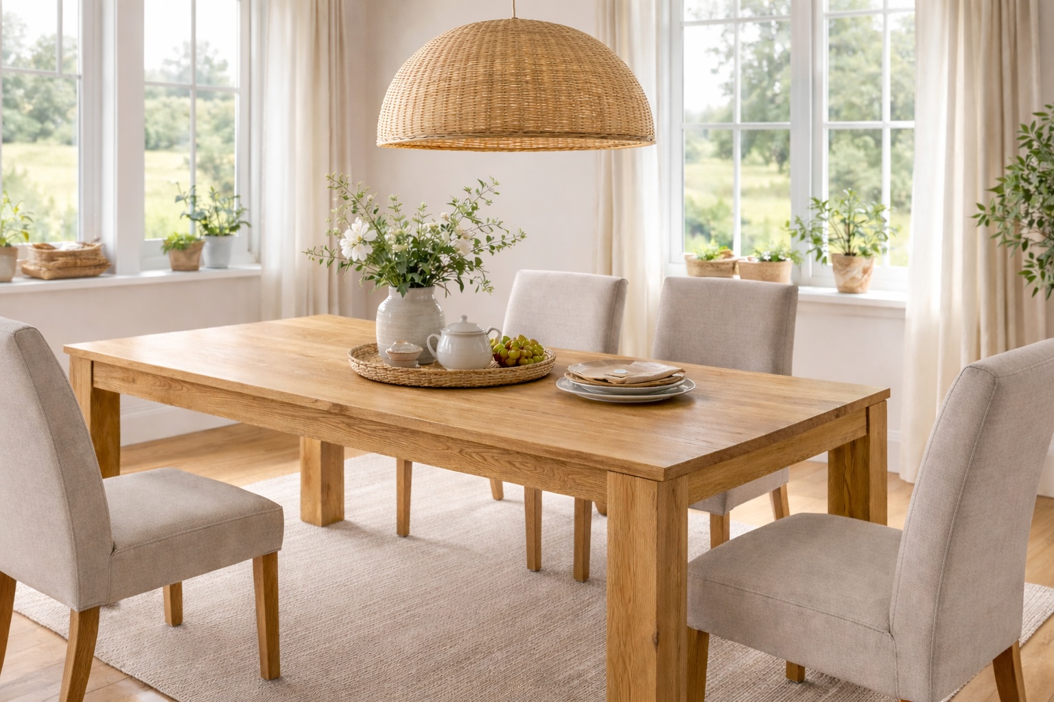 Massiver Eichenholztisch in ländlicher Wohnumgebung mit Tageslicht.