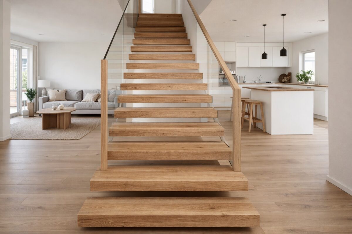 Offene Treppe aus massiver Eiche verbindet Wohn- und Küchenbereich harmonisch.