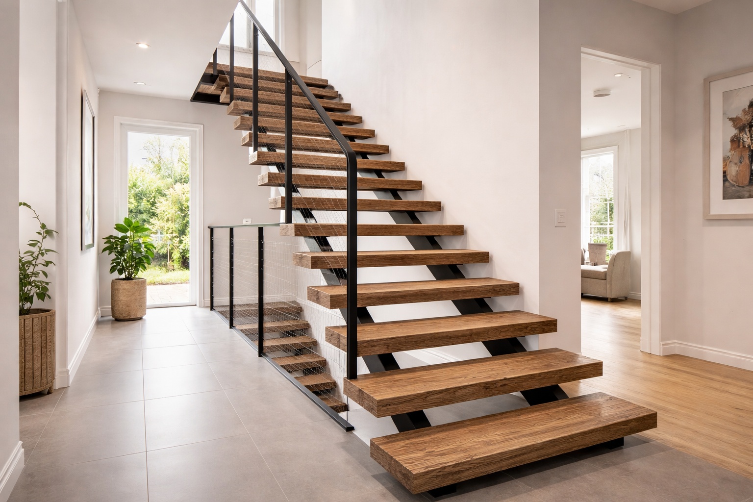 Massive Eichenstufen liegen auf einer schlanken Stahlkonstruktion im hellen Hausflur.