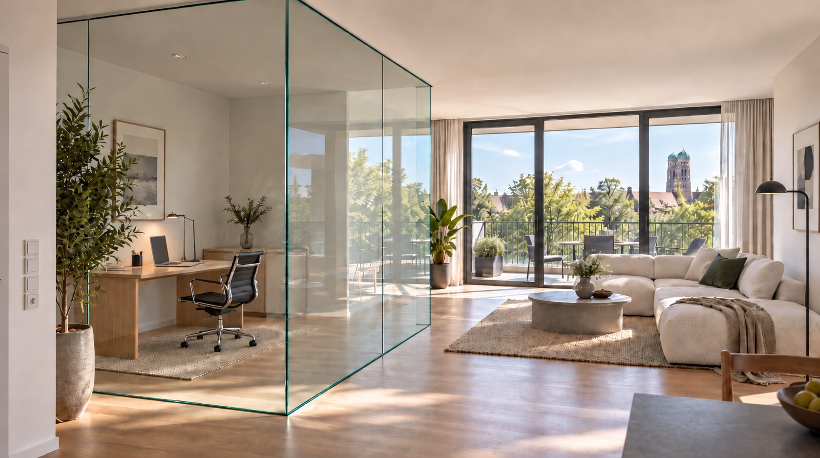 Een moderne woonkamer met een transparante glazen scheidingswand, bank, werkplek en grote ramen.