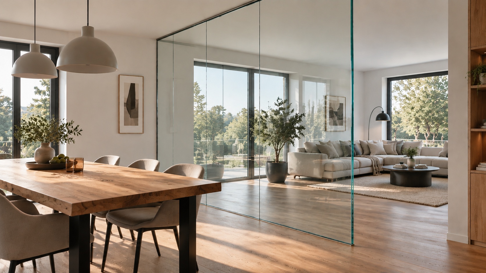 Een lichte woonruimte met een glazen scheidingswand, eettafel, stoelen en zithoek.