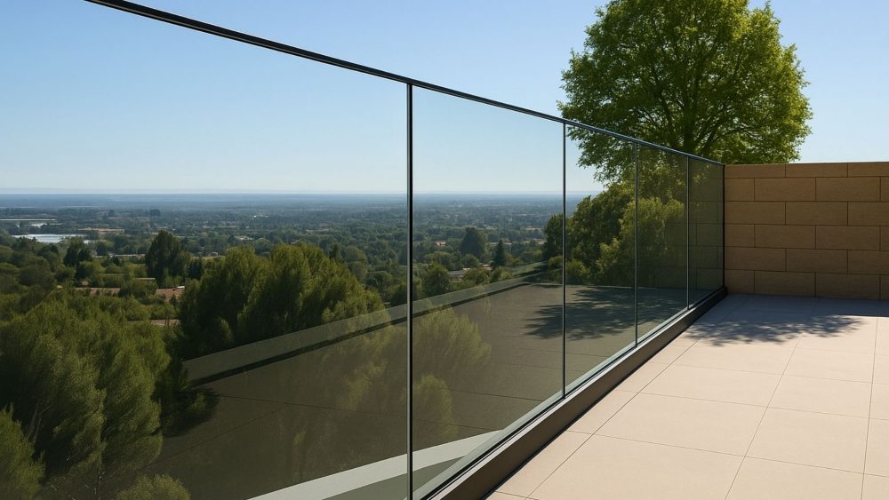 Balkongeländer aus ESG-Glas mit Panoramablick ins Tal.