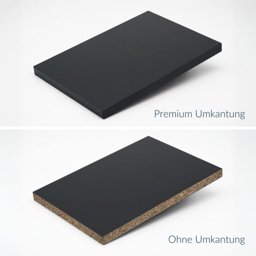 Schwarze Spanplatte mit und ohne Premium-Umkantung im Vergleich.