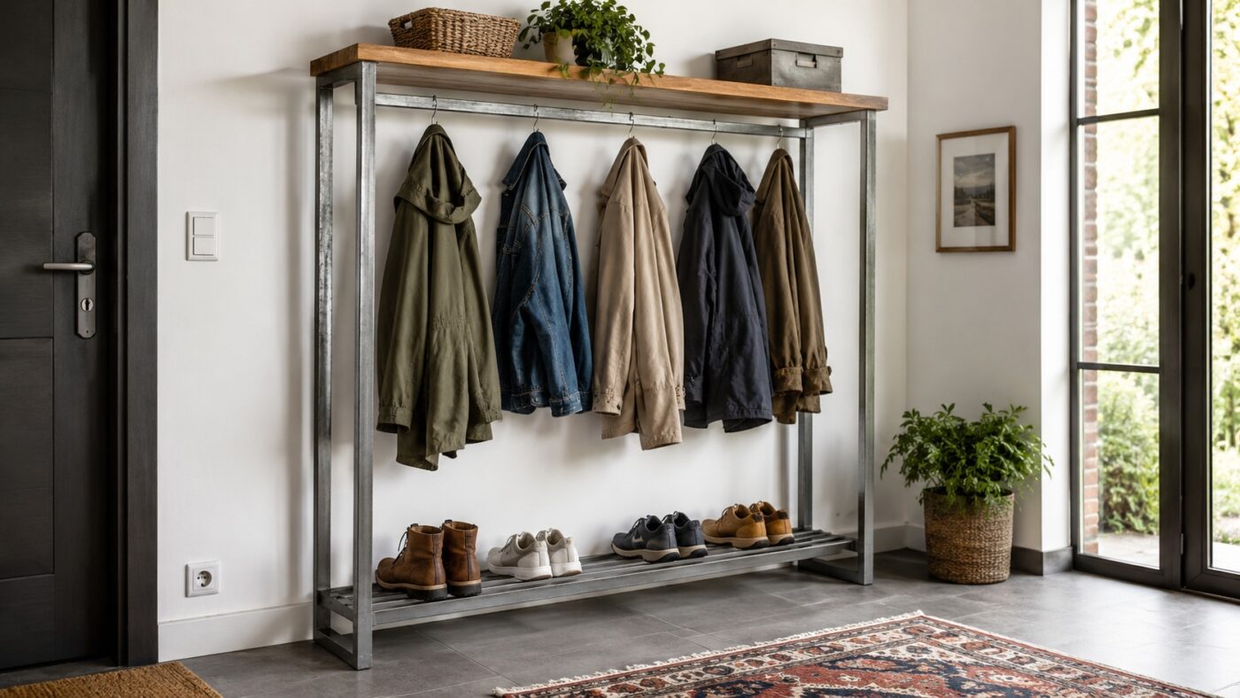 Eine Garderobe aus verzinktem Stahl hält Jacken und Schuhe in einer Wohnung.
