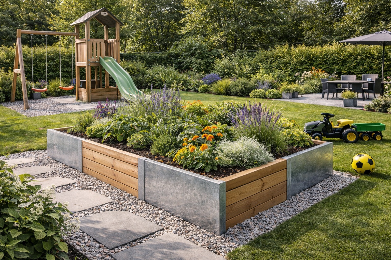 Beeteinfassung aus Stahlblech kombiniert mit Holz in einem grünen Familiengarten.