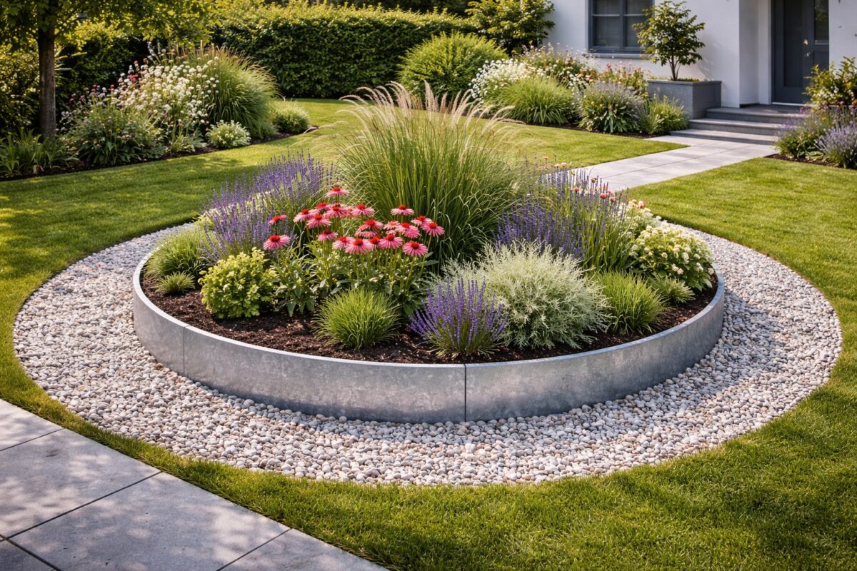 Runde Pflanzinsel mit Beeteinfassung aus verzinktem Stahlblech in einem grünen Garten.
