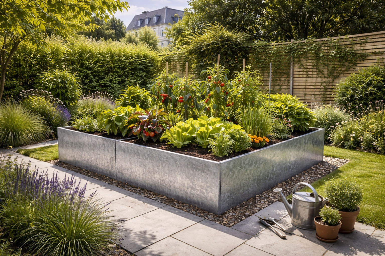 Hochbeet mit gerader Beeteinfassung aus verzinktem Stahlblech.