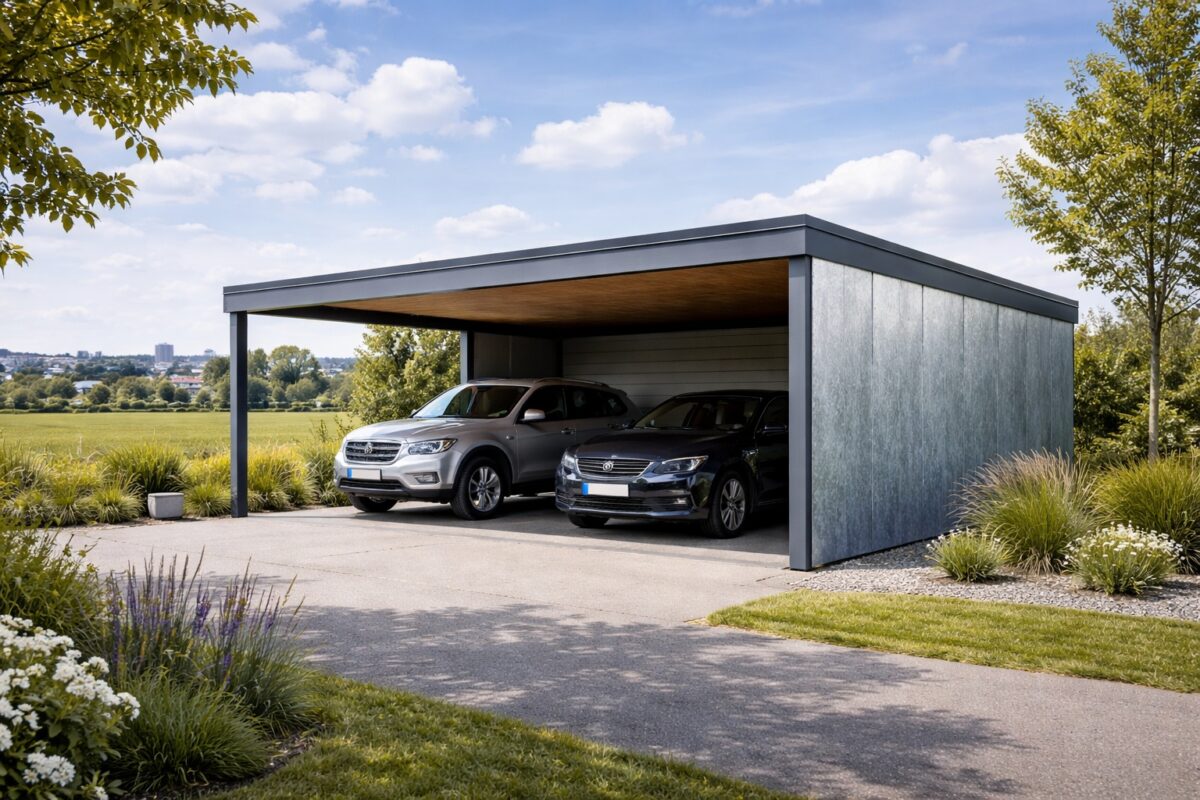 Ein Carport mit verzinktem Stahlblech stehend am Stadtrand.