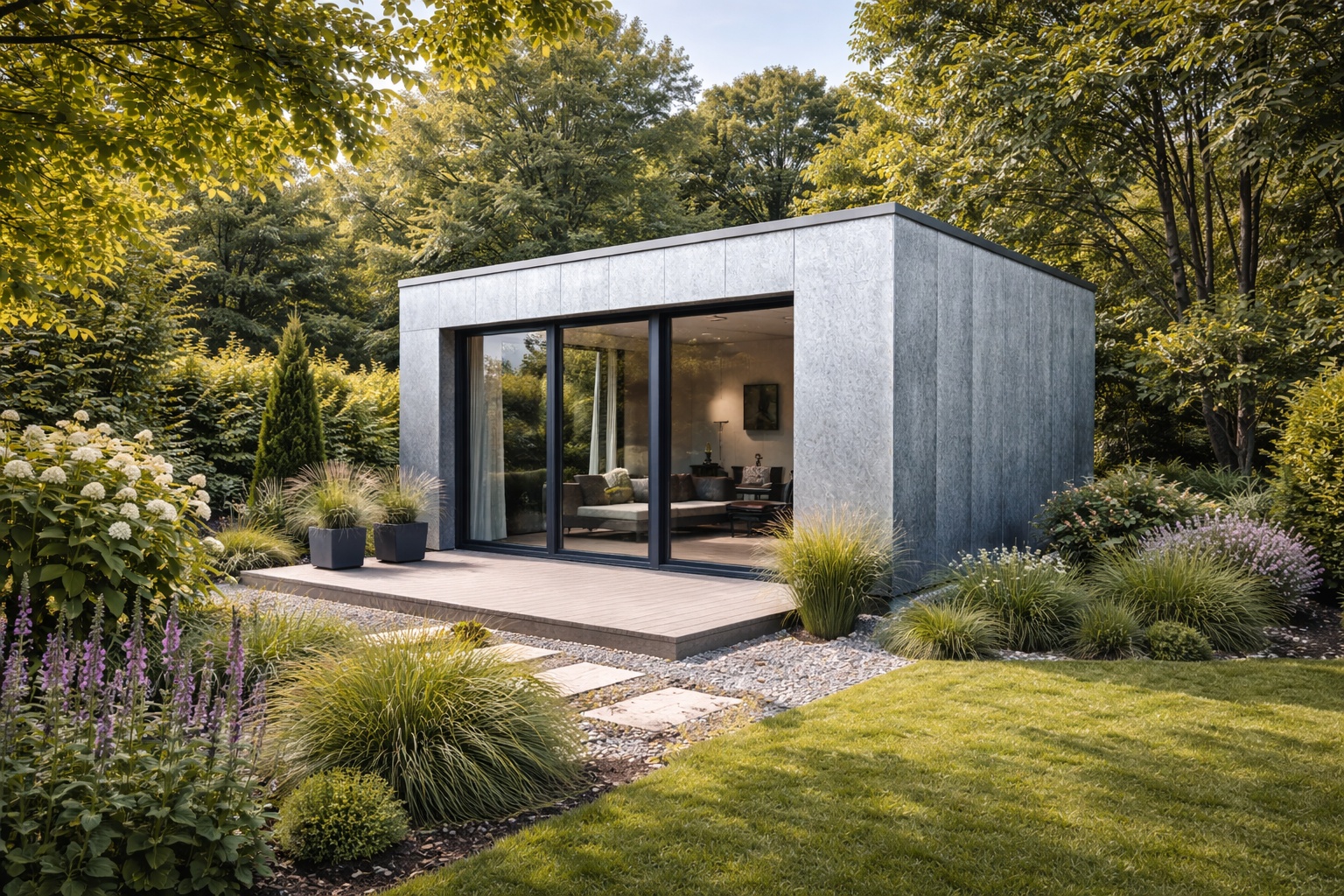 Ein Gartenhaus mit verzinktem Stahlblech als Fassadenmaterial in einem grünen Garten.
