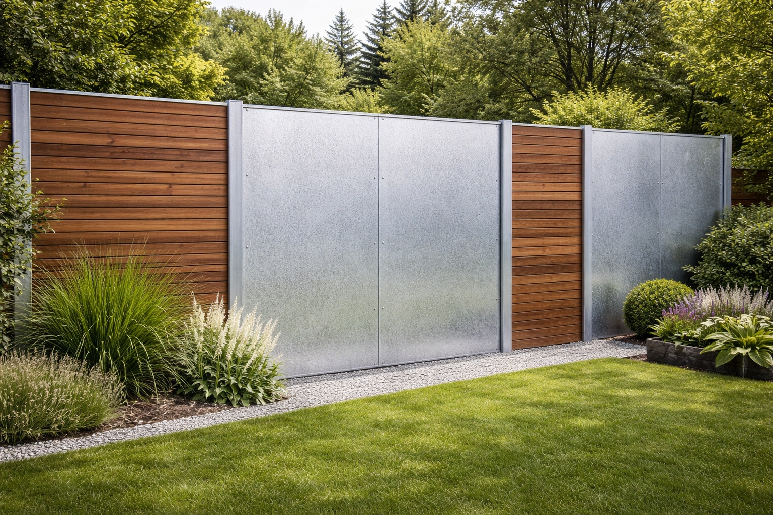Ein Gartenzaun kombiniert verzinktes Stahlblech mit Holzpaneelen in einem Garten.