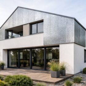Einfamilienhaus mit Fassade aus verzinktem Stahlblech in einer grünen Umgebung.