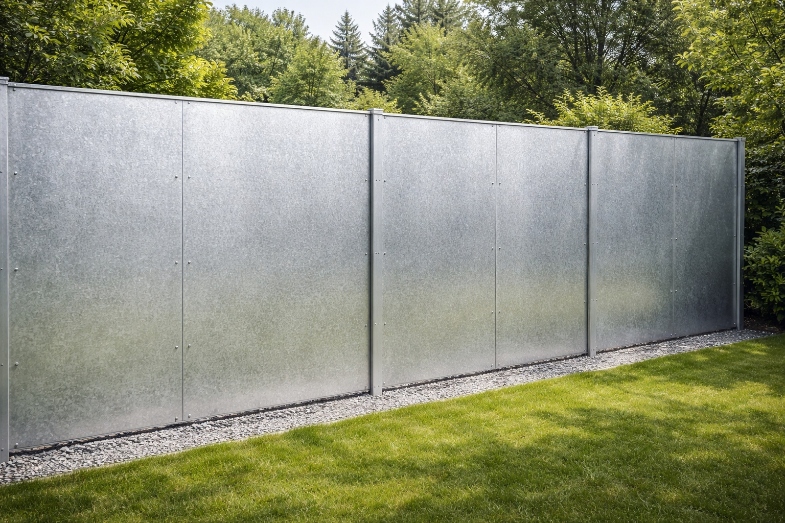 Ein moderner Gartenzaun aus verzinktem Stahlblech verläuft geradlinig entlang einer Grünfläche.