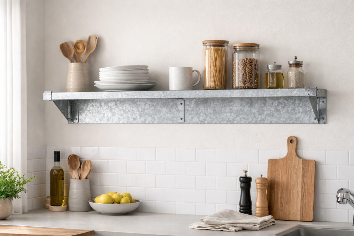 Ein industrielles Wandregal aus verzinktem Stahlblech in einer modernen Küche.