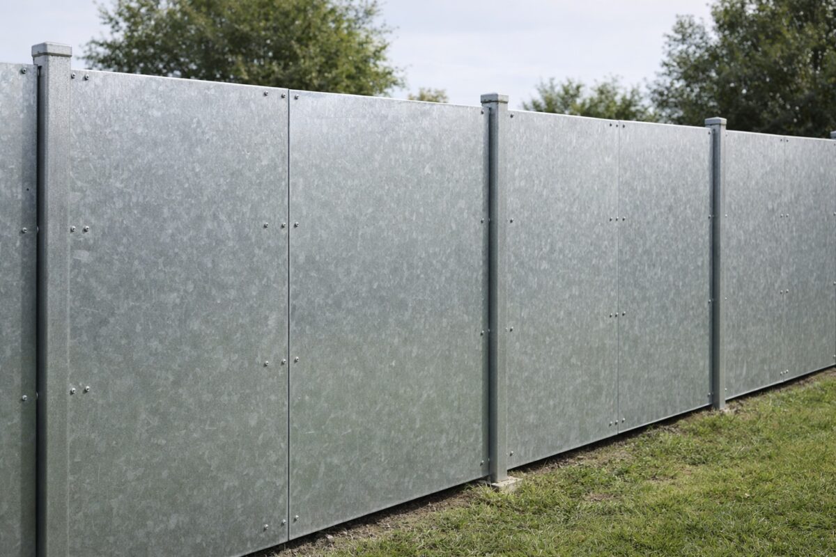 Nahaufnahme eines verzinkten Stahlblechzauns mit sichtbarer Zinkstruktur und verschraubten Paneelen.