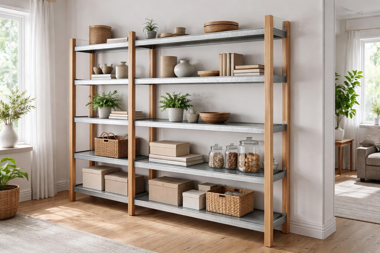 Regalsystem aus verzinktem Stahlblech und Massivholz in ruhiger Wohnatmosphäre bei Tageslicht.