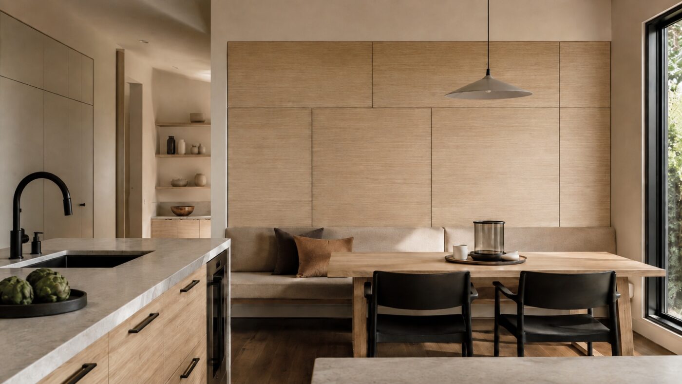 Eine Küche mit Essbereich zeigt furnierte Wandpaneele, einen Holztisch, schwarze Stühle und eine Sitzbank.