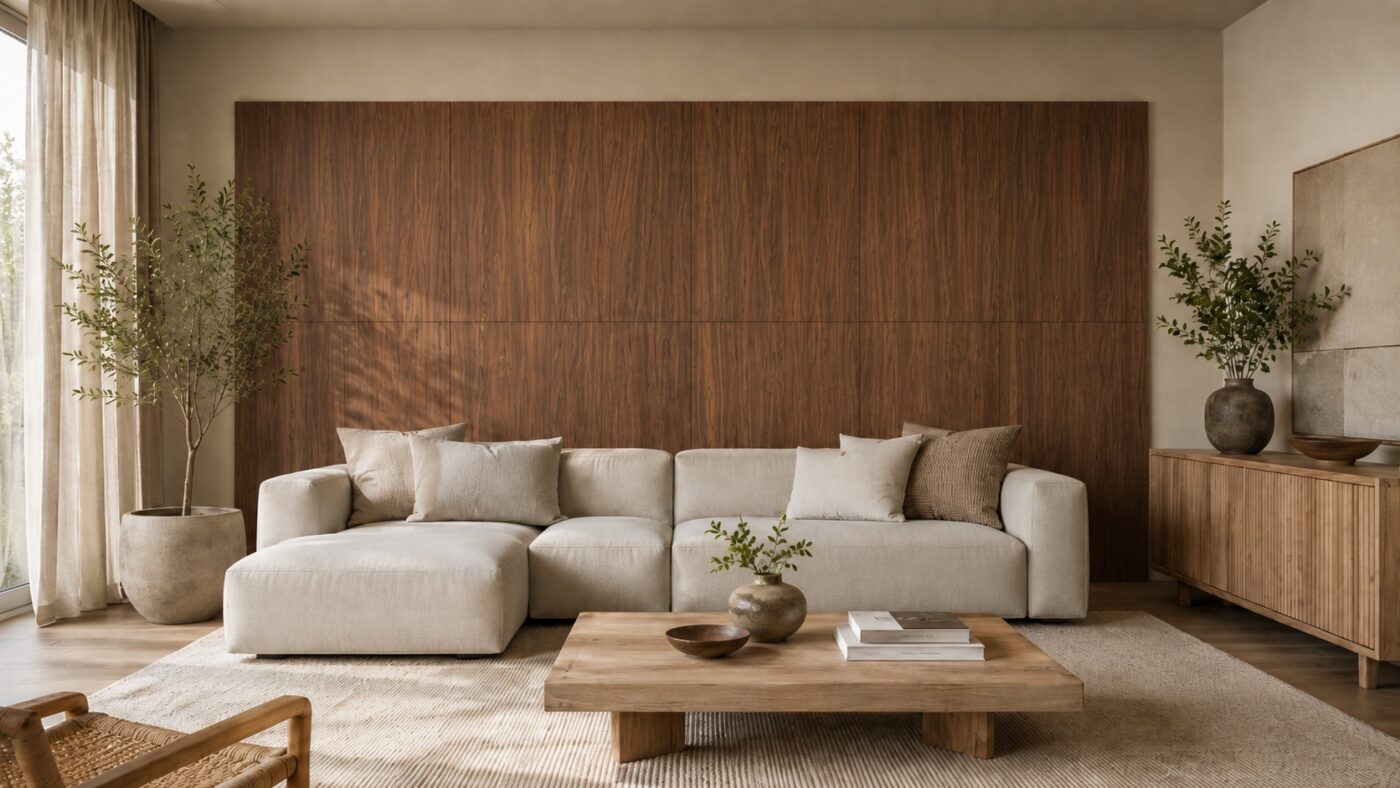 Eine moderne Wohnwand aus dunklem Nussbaumfurnier bildet eine warme Akzentfläche hinter Sofa und Sideboard.